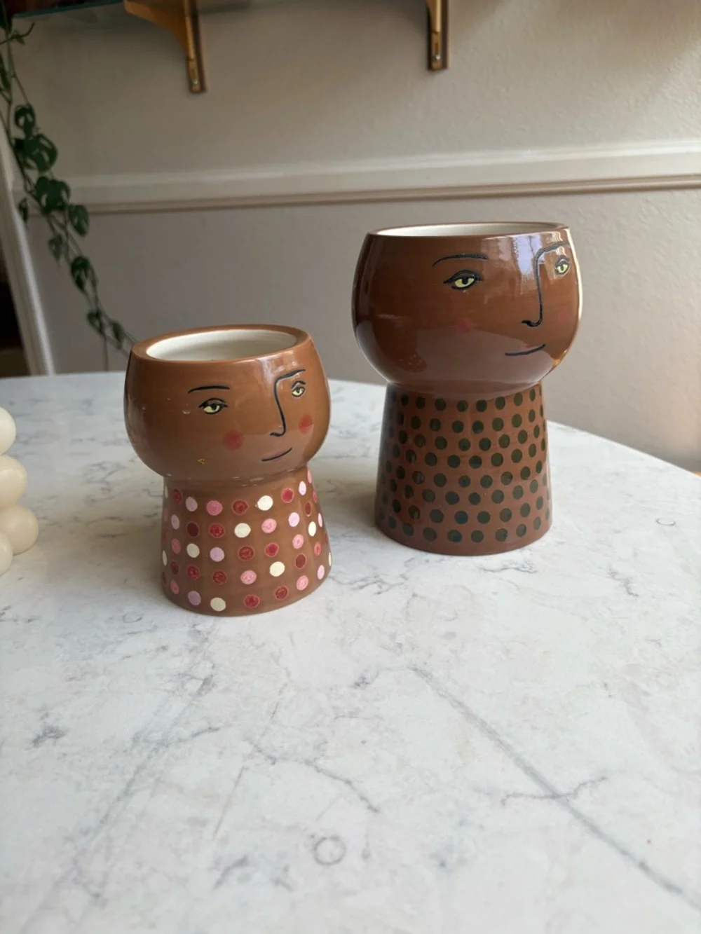 Hand-Painted Face Planters — Brown with Polka Dot Stands